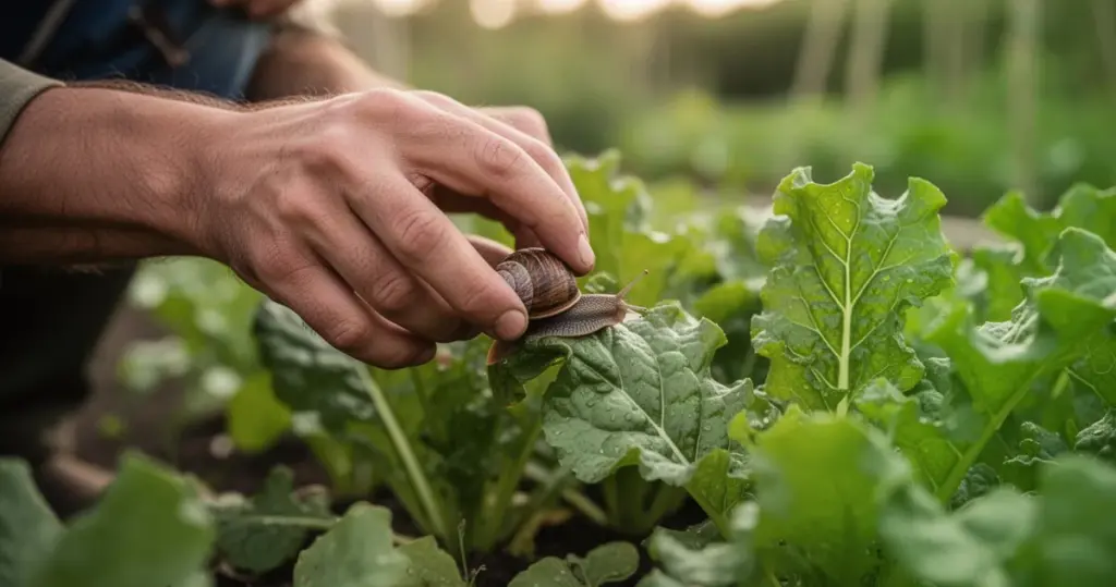 Dłoń ogrodnika zdejmuje ślimaka z zielonej rośliny liściastej, tło ogrodu rozmyte, naturalne światło, zielone odcienie.