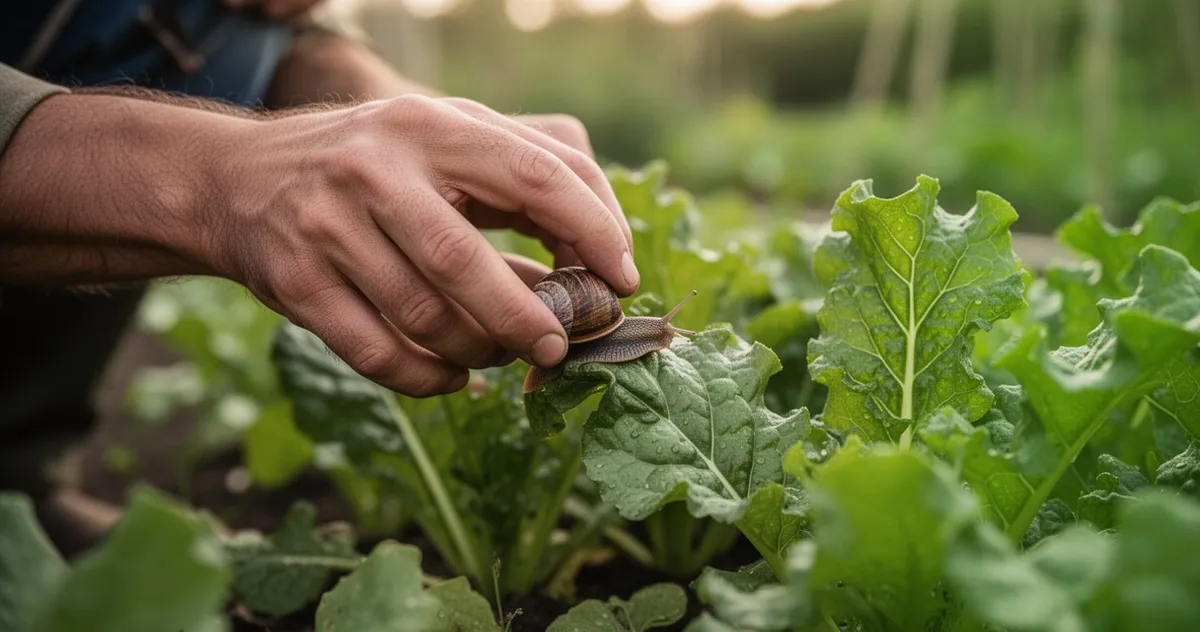 Dłoń ogrodnika zdejmuje ślimaka z zielonej rośliny liściastej, tło ogrodu rozmyte, naturalne światło, zielone odcienie.