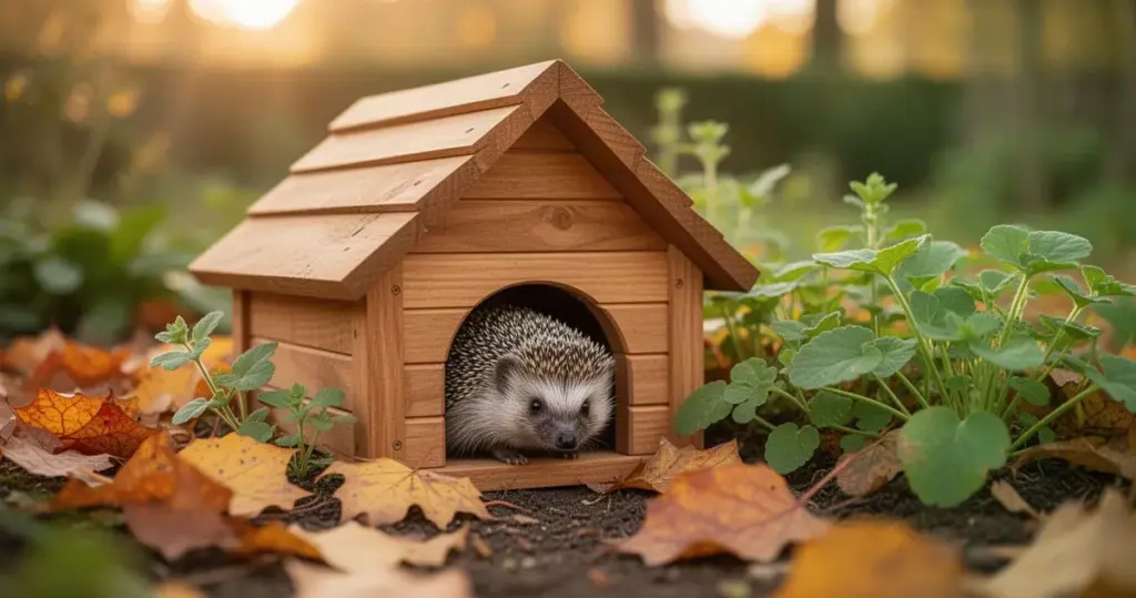 Drewniany domek dla jeża wśród jesiennych liści i zielonych roślin, z małym jeżem wyglądającym ze środka, w ciepłym świetle.