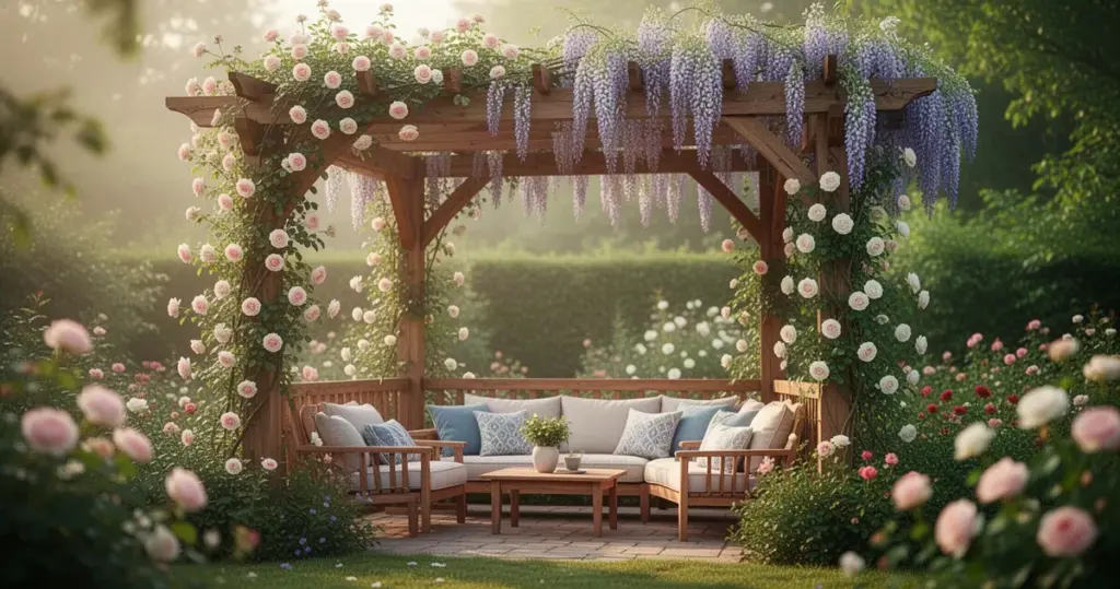 Drewniana pergola w ogrodzie, porośnięta różami pnącymi i glicynią, pod nią przytulne miejsce do siedzenia, miękkie poranne ś