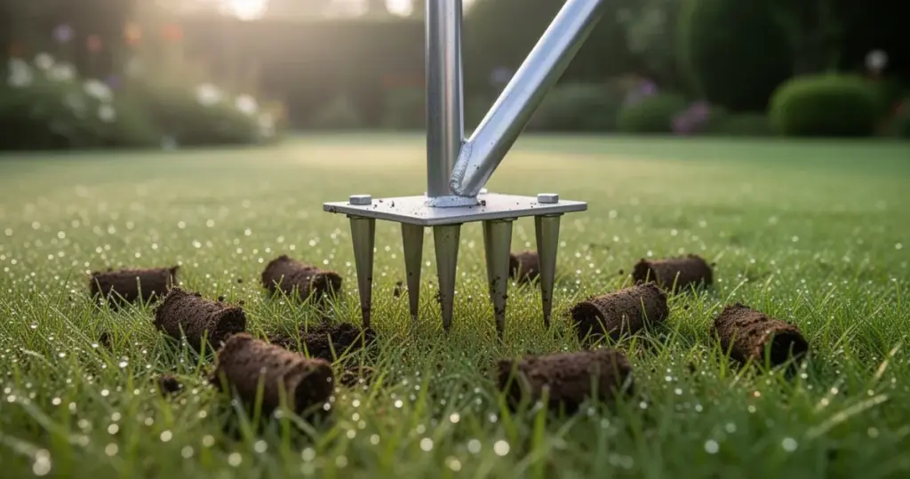Spike aerator tool piercing lush green lawn with soil cores, dew drops, blurred garden background in soft morning light.
