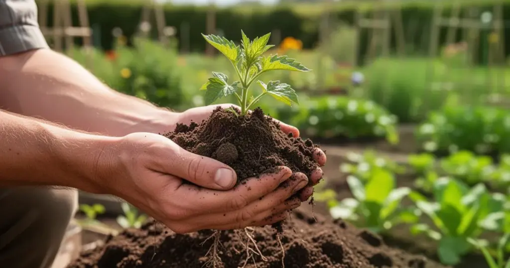 Dłonie trzymają próbkę ciemnej, wilgotnej gleby, w tle rozmyty zielony ogród, naturalne światło.