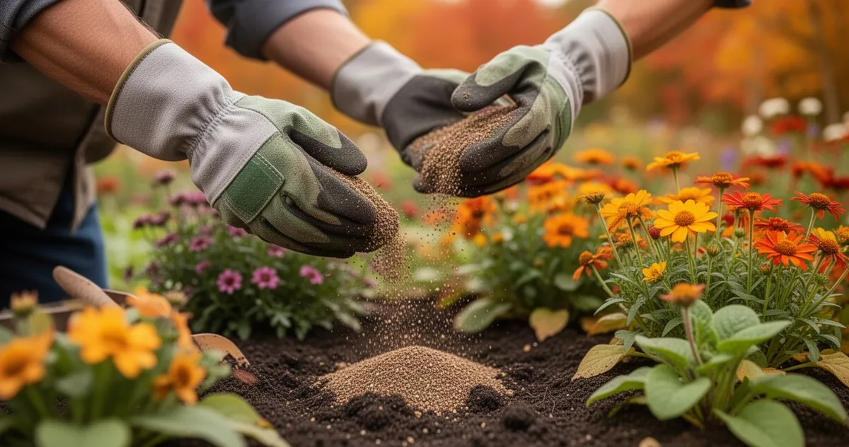 Ręce w rękawicach rozsypują nawóz organiczny wokół jesiennych bylin, tło ogrodu w jesiennych barwach.