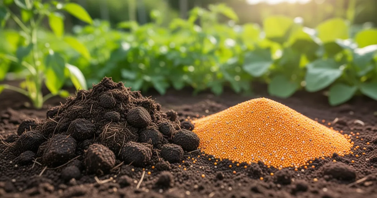 Dwie kupki nawozu na glebie: ciemny kompost organiczny i jasny granulat mineralny, w tle zielony ogród.