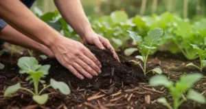 Dłonie rozsypują ciemną organiczną ściółkę wokół młodych warzyw, tło stanowi rozmyty ogród w zieleniach i brązach.