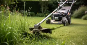 Podkaszarka przycina wysoką trawę, w tle nieostra kosiarka, zielony ogród.