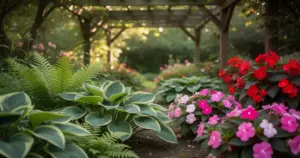 Zacieniony ogród z hostami i paprociami oraz różowymi i czerwonymi niecierpkami i begoniami, w tle drewniana pergola w świetl
