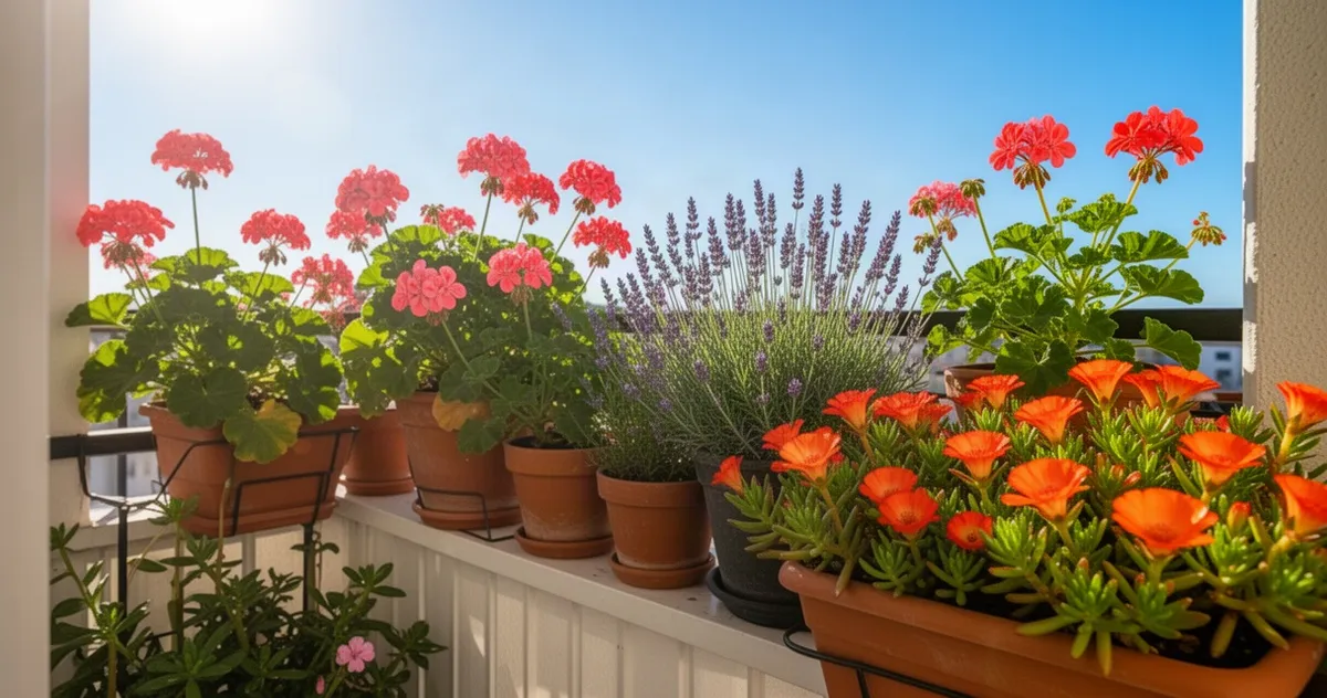 Słoneczny balkon z doniczkami pelargonii, lawendy i portulaki