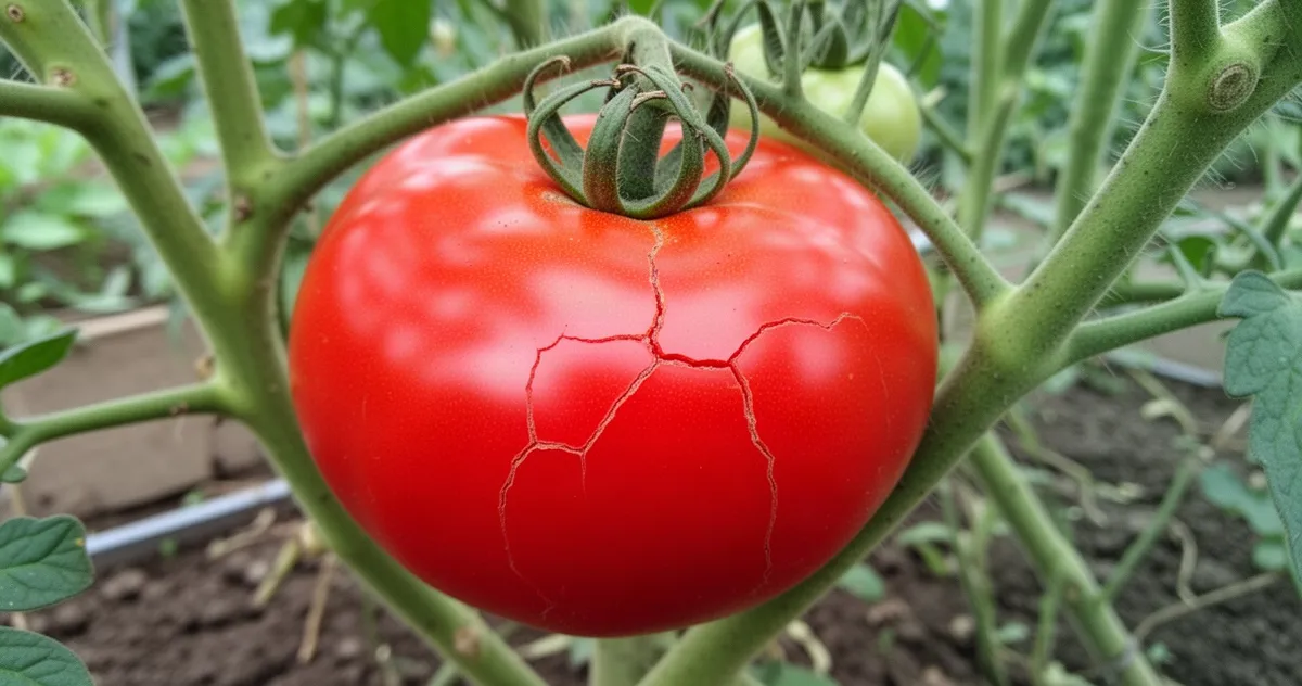 Pęknięty pomidor wiszący na krzaku