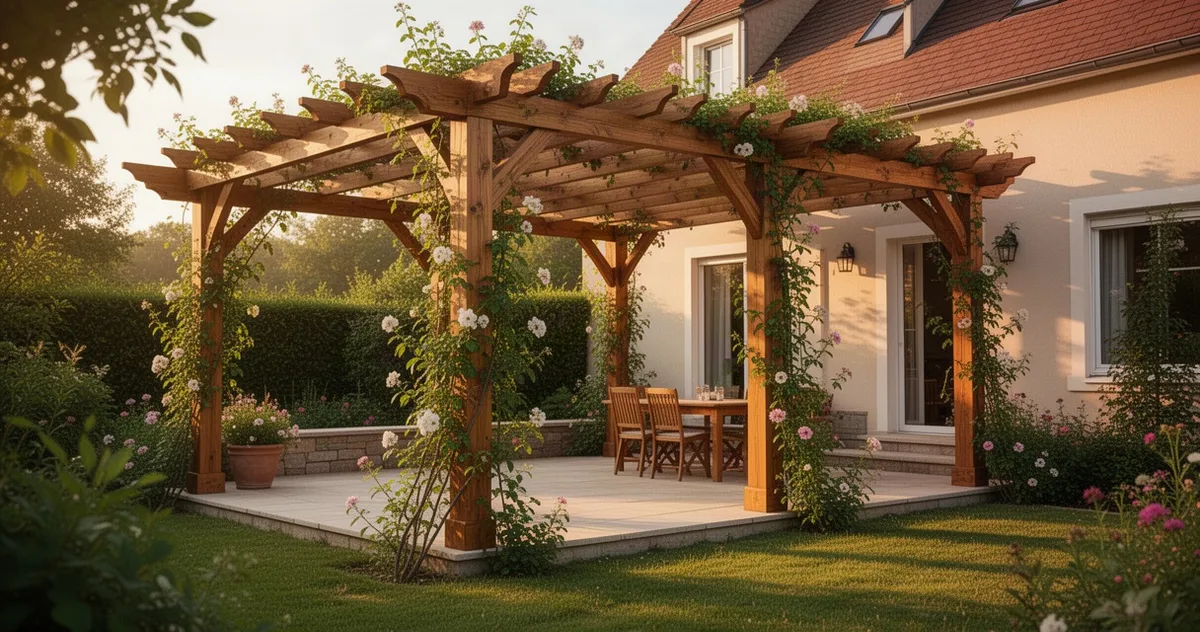 Drewniana pergola przy tarasie z pnączami
