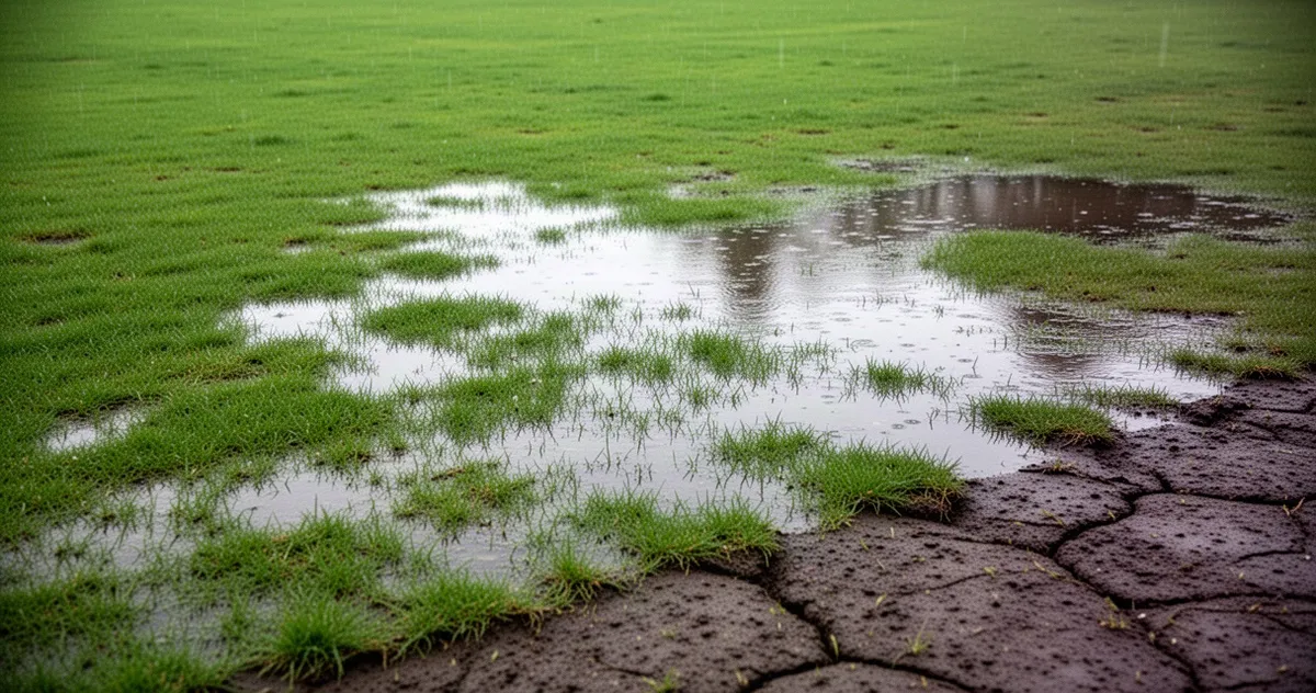Trawnik z wodą stojącą po deszczu