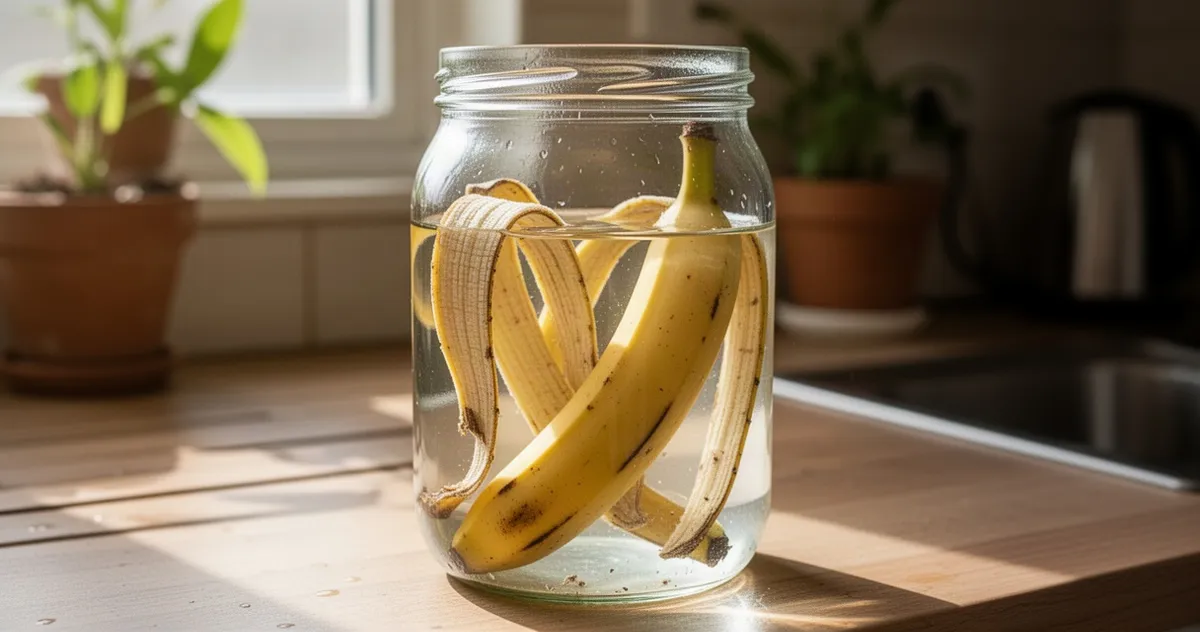 Skórki banana moczące się w wodzie w szklanym słoju