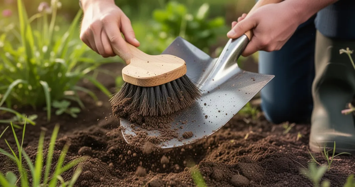 Czyszczenie szpadla szczotką po pracy w ogrodzie